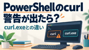PowerShellのcurlで警告が出たときの、curl.exeとの違いを紹介するイメージ