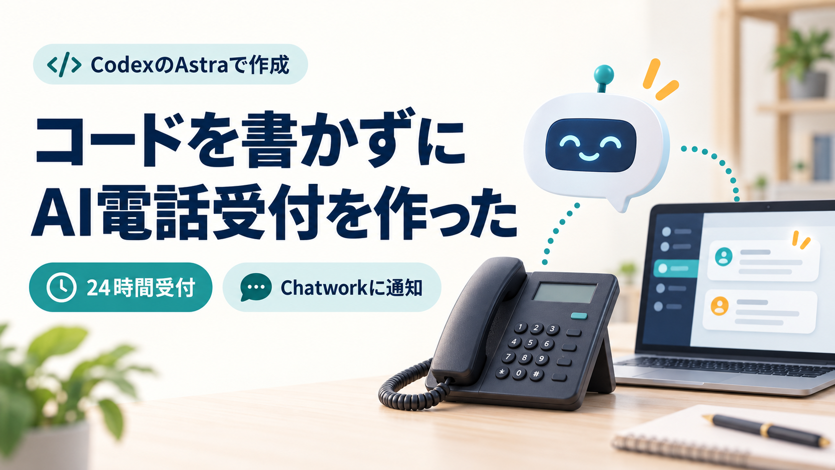 CodexのAstraで作ったAI電話受付。24時間受付とChatwork通知を表す電話機とパソコンのイラスト