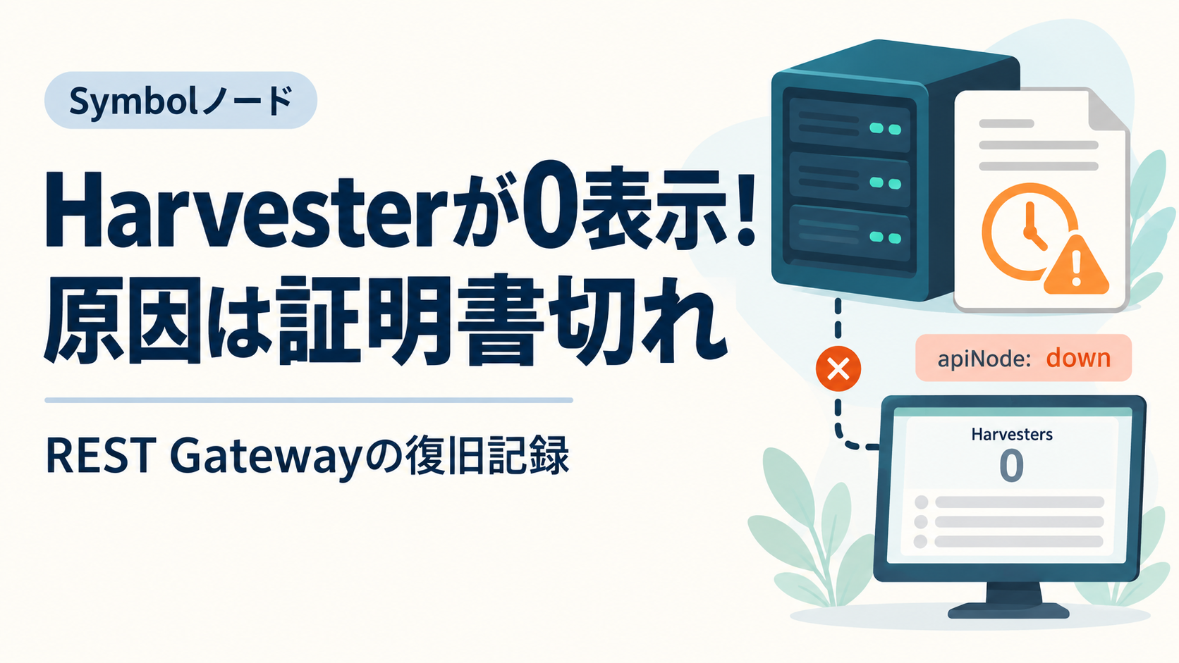SymbolノードのHarvesterが0表示になり、REST Gatewayの証明書切れを調べて復旧した記録のイメージ